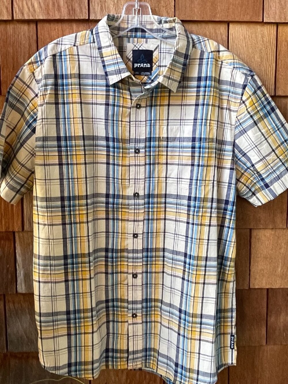 EUC Prana Blue and Gold Plaid Organic Cotton Short Sleeve Shirt in Men's Large